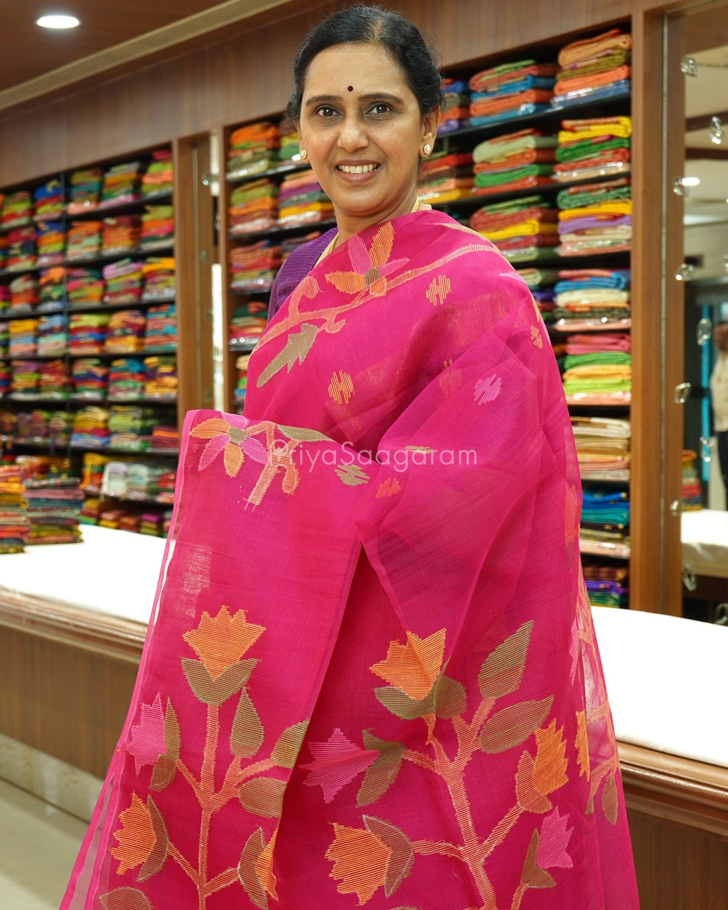 Rani Pink Jamdani Muslin Organza - PD257