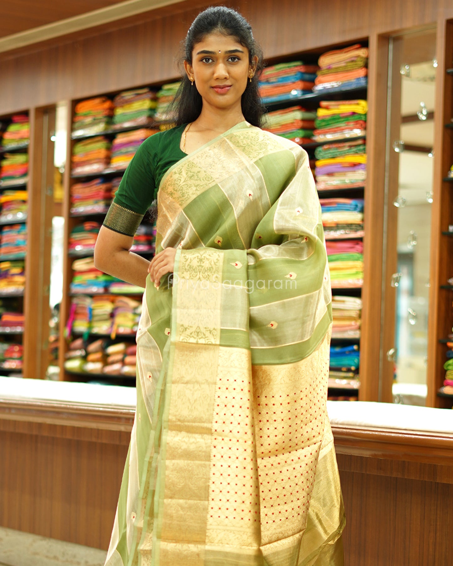 Elaichi Green Tissue Kora Silk - PD723