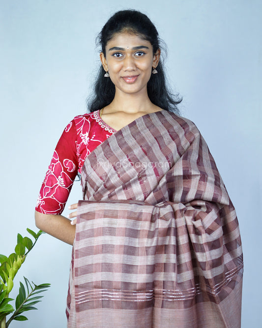 Chocolate Brown Checked Tussar Organza - PD1203