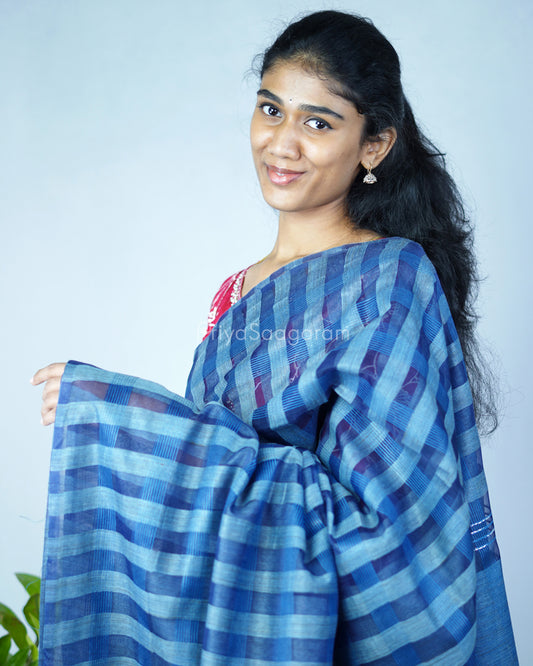 Dark Blue Checked Tussar Organza - PD1202