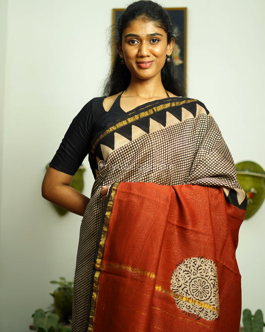 Black Checked Bagru Print Chanderi - PD363