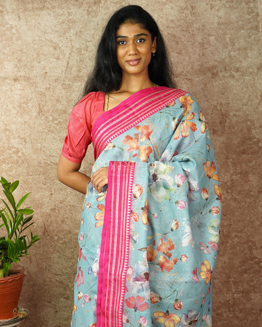 Blue Pink Silk Cotton Kota - PD834