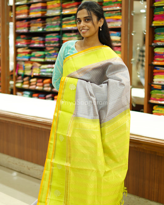 Grey Checked Gadwal Silk Cotton - PD1424