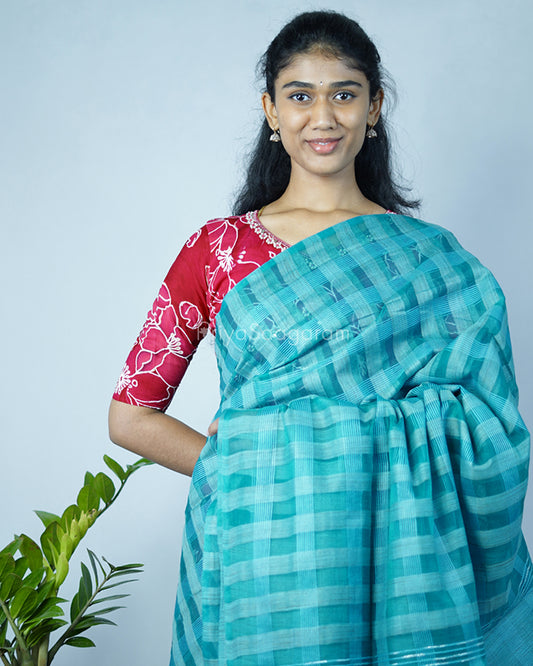 Sea Green Checked Tussar Organza - PD1204