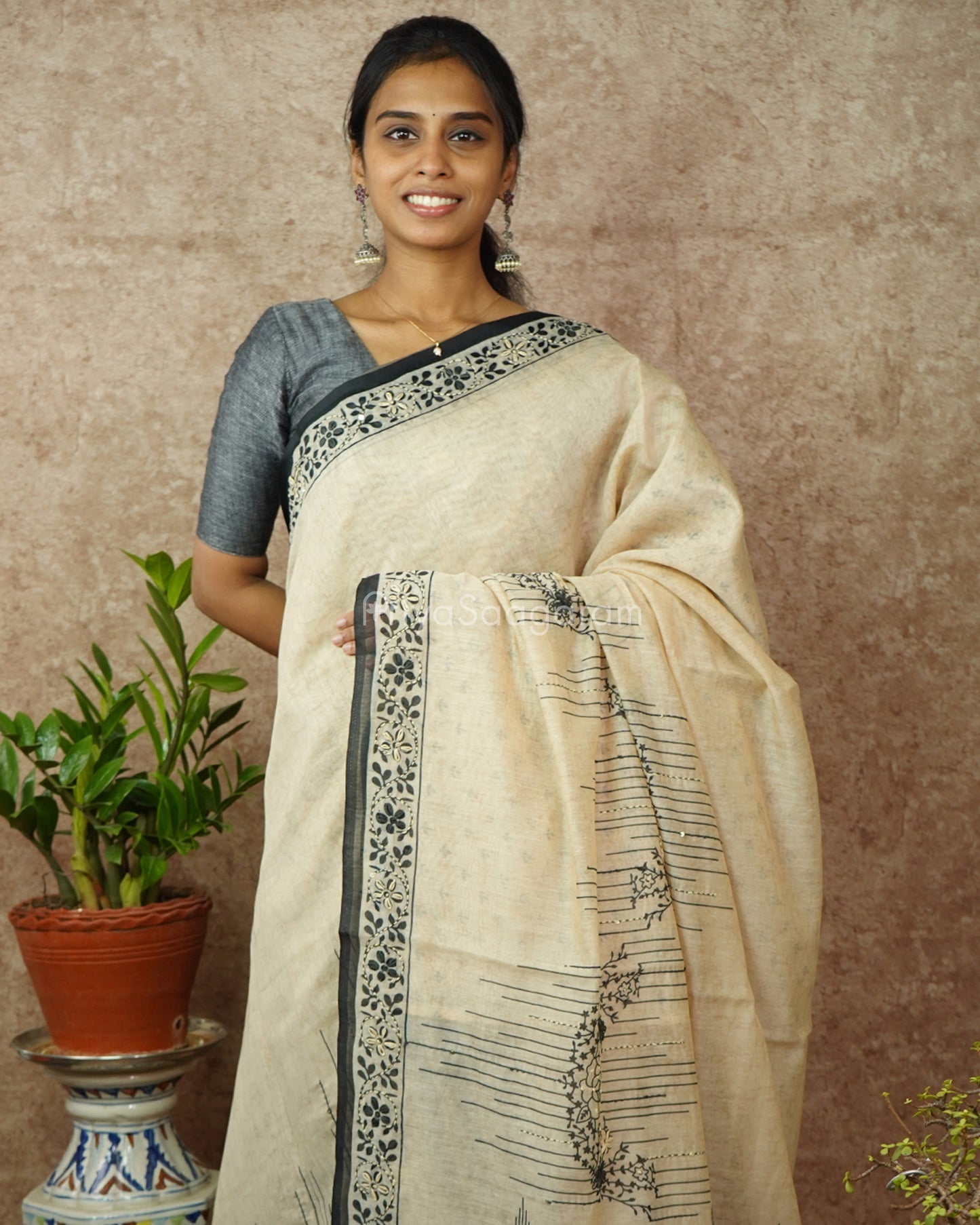 Cream Embroidery Chanderi - PD763
