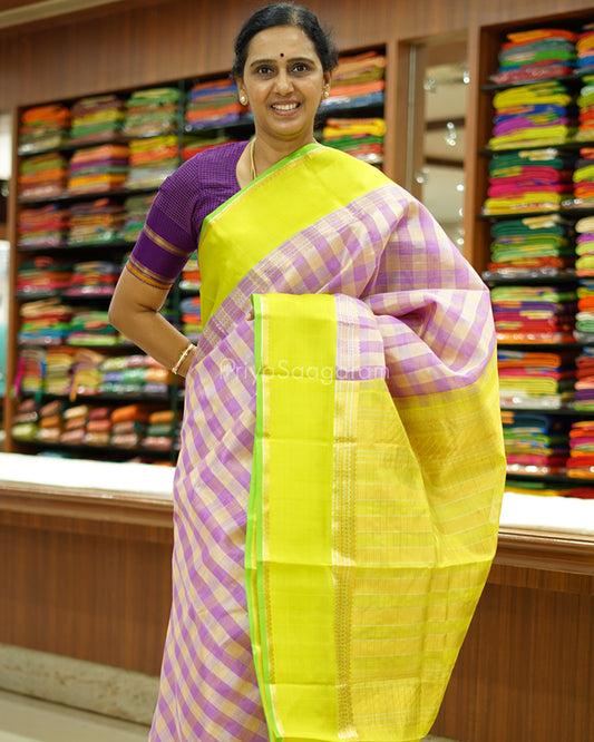 Lavender Checked Gadwal Silk Cotton - PD1426