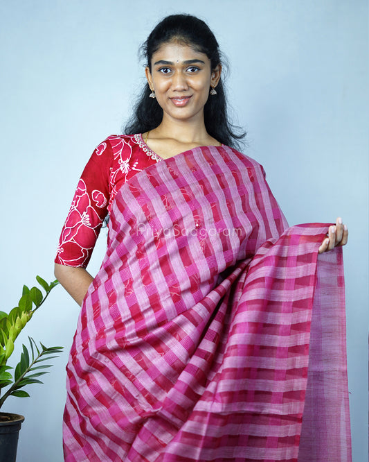 Dark Pink Checked Tussar Organza - PD1205