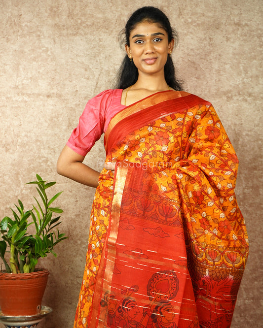 Yellow Red kalamkari Cotton Kota - PD1407