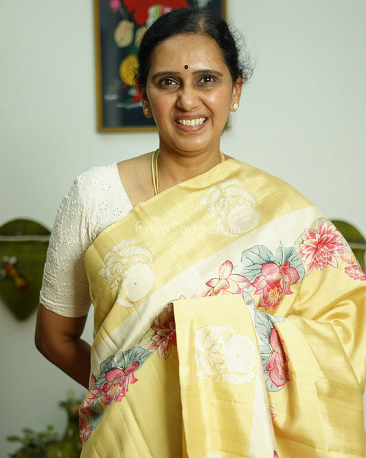 Yellow Floral Embroidery Tussar - PD807