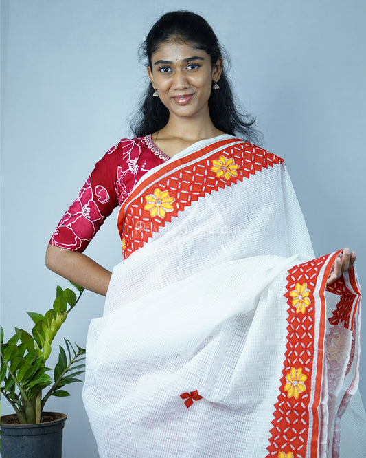White Red Applique Cotton Kota - PD1419