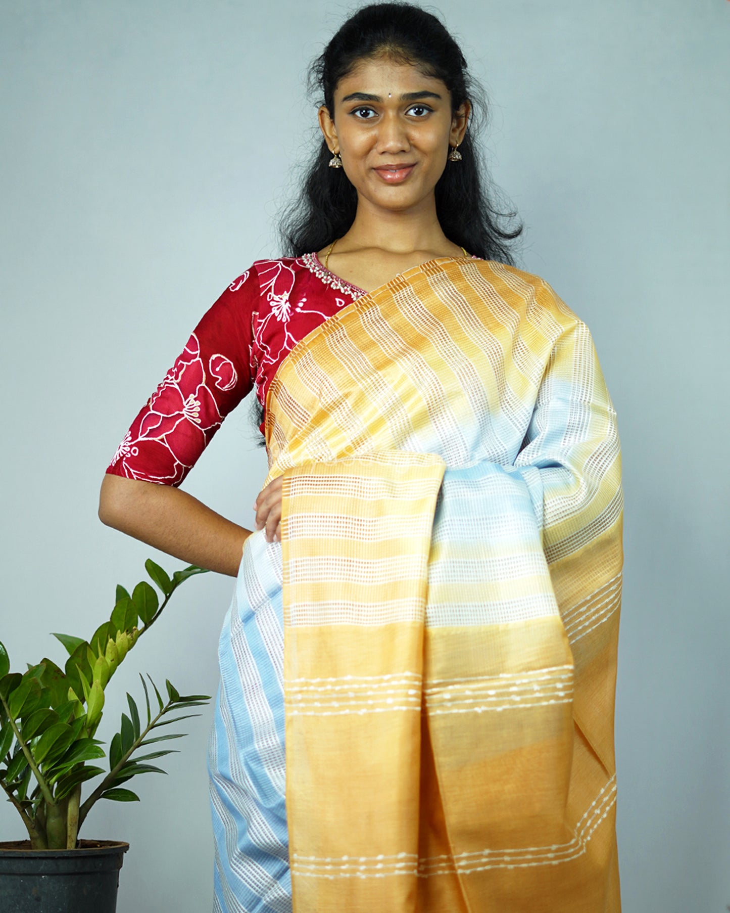 Mango Yellow and Light Blue Embroidery Tussar - PD1297