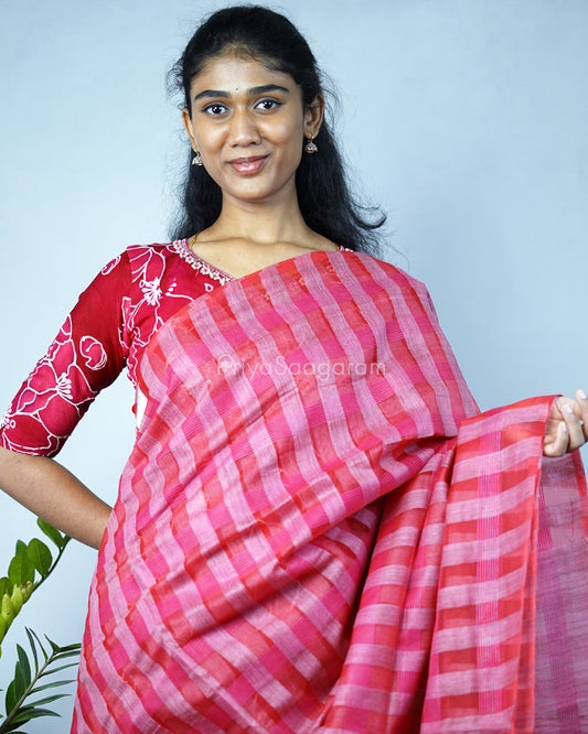 Rouge Pink Checked Tussar Organza - PD1201