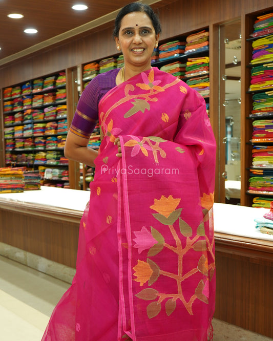 Rani Pink Jamdani Muslin Organza - PD257