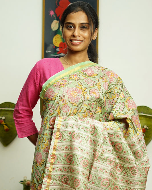 Green Floral Blockprint Chanderi - PD368