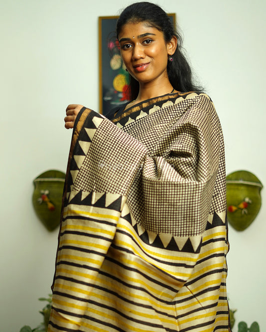 Black Checked Bagru Print Chanderi - PD370