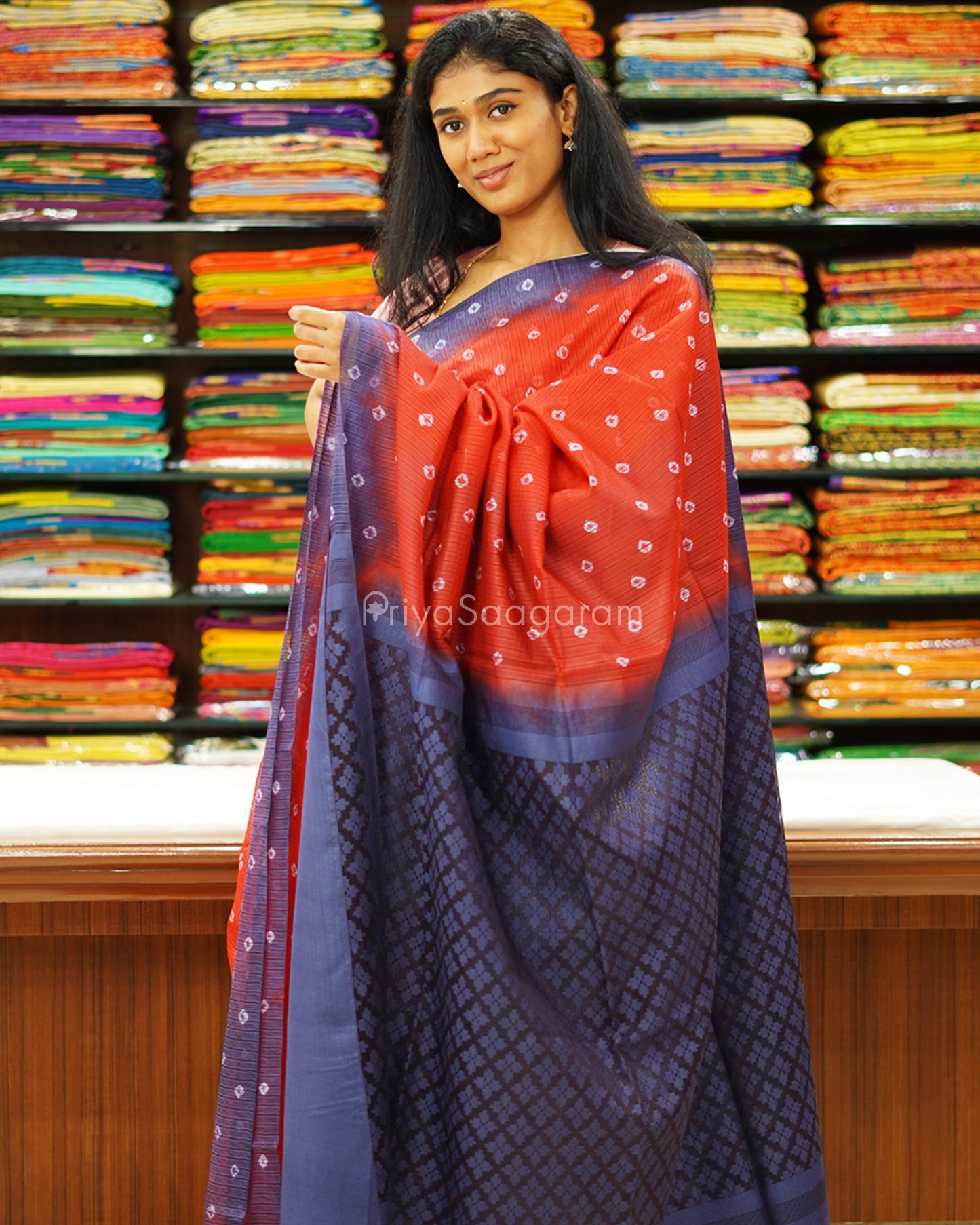 Red and Navy Blue Bandhini Tussar Organza - PD1196