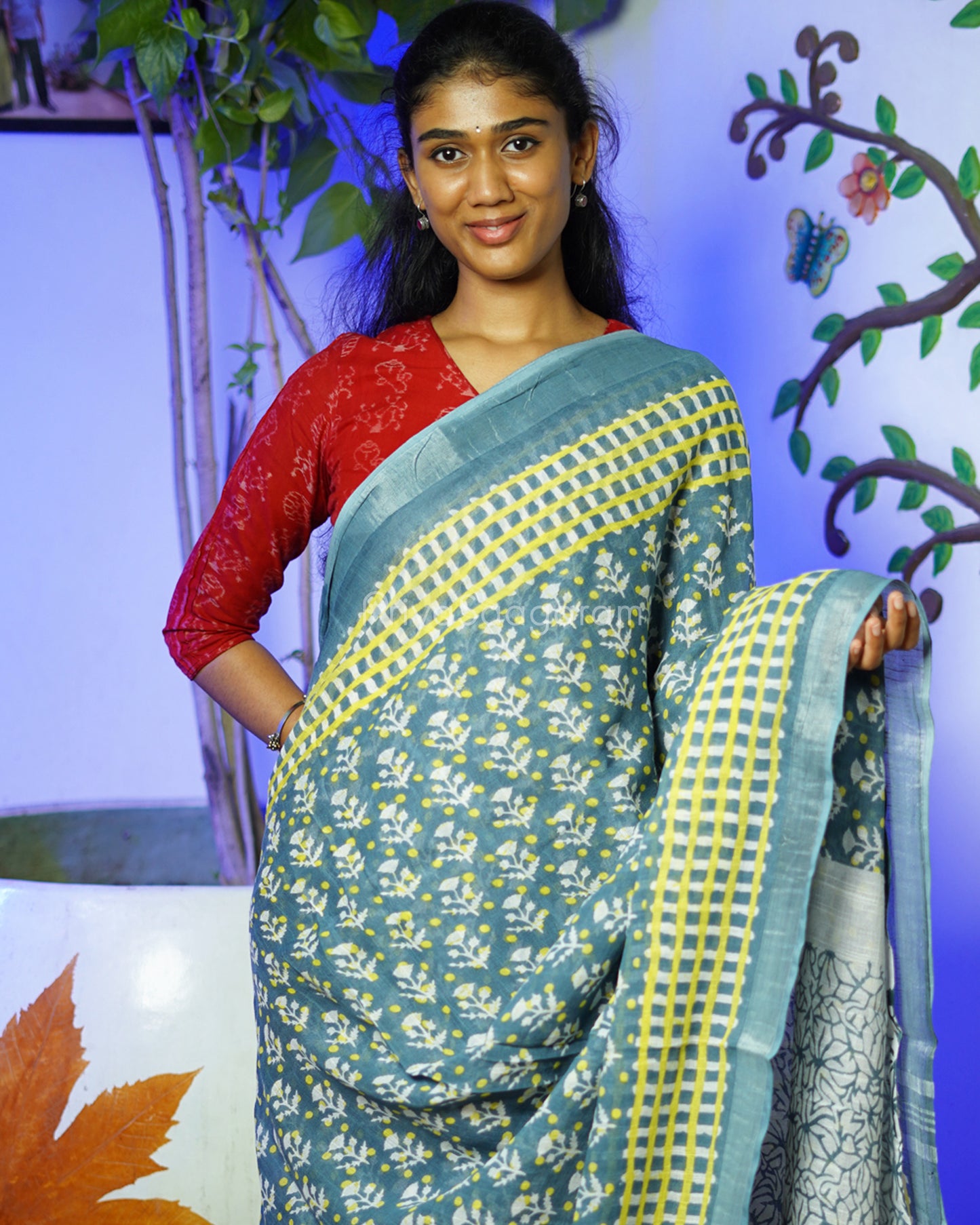 Blue Grey Floral Blockprint Linen - PD264