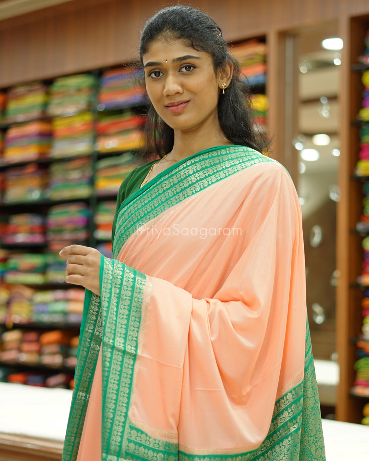 Peach and Green Mysore Silk - PD482