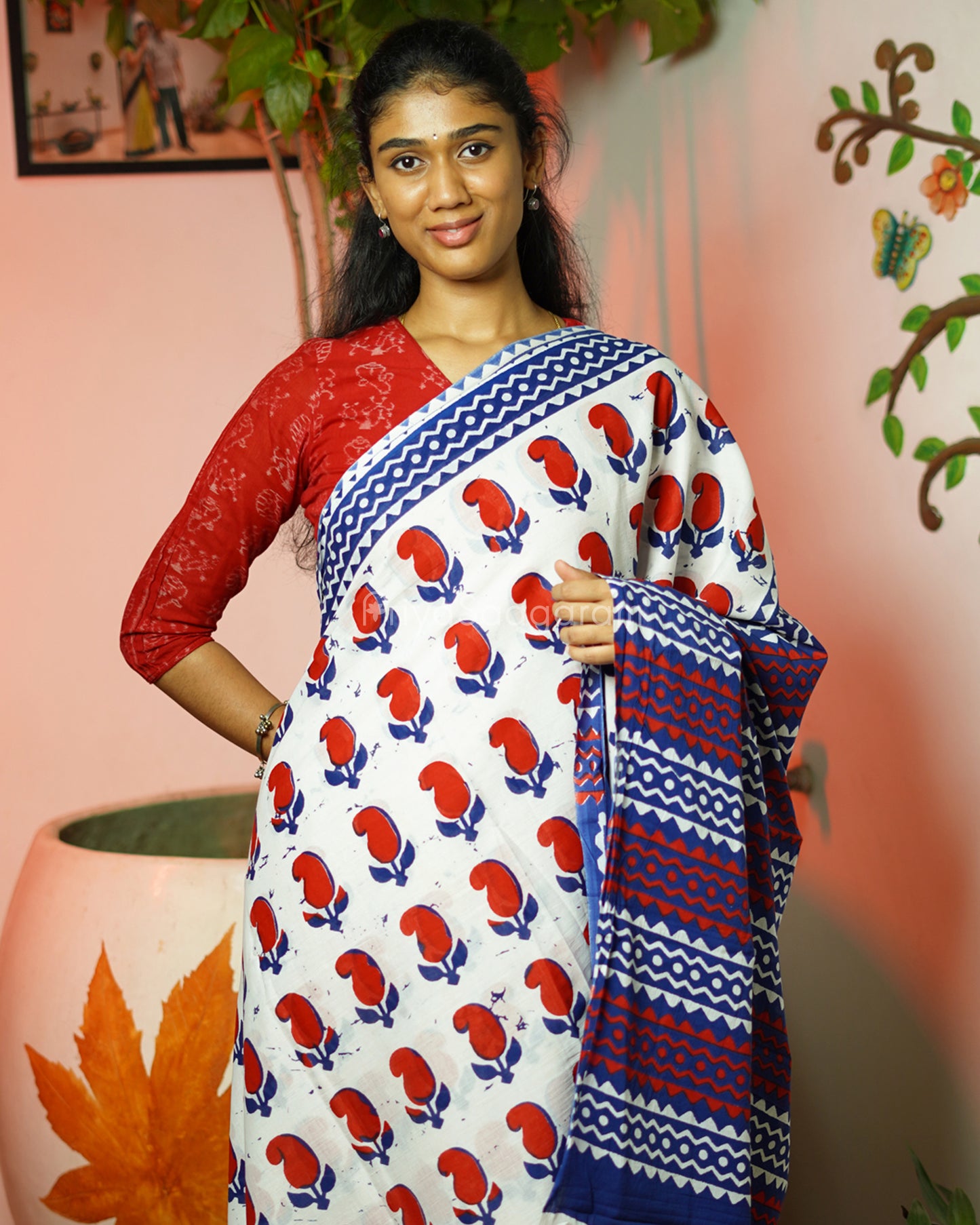 Red Blue Blockprint Pure Cotton - PC2731