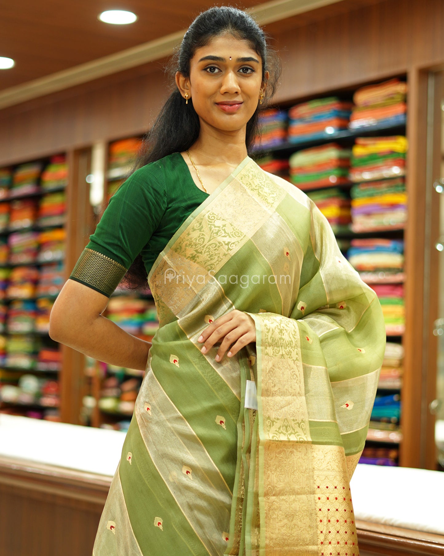 Elaichi Green Tissue Kora Silk - PD723