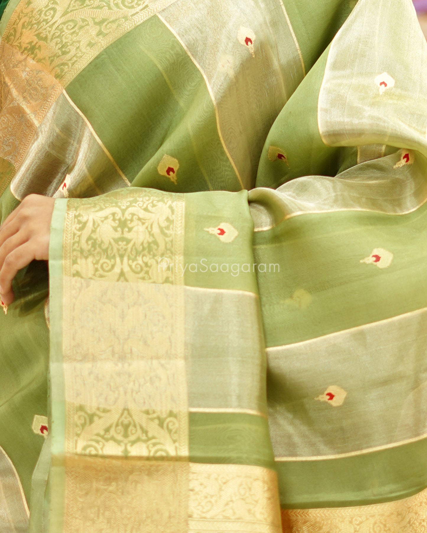 Elaichi Green Tissue Kora Silk - PD723