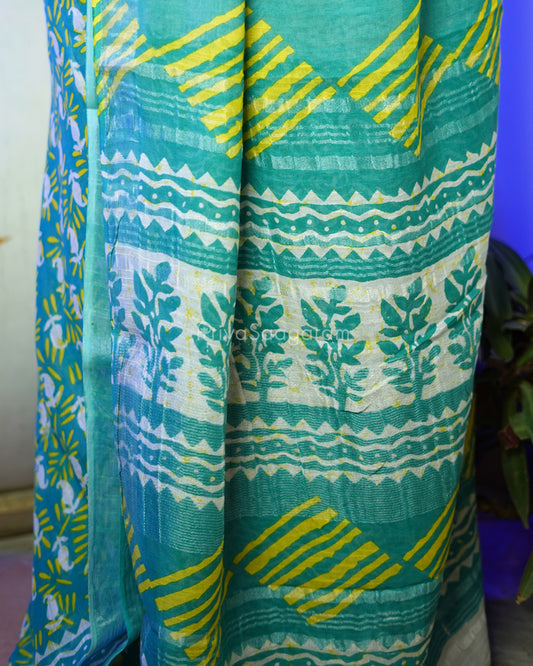 Blue Green Floral Blockprint Linen - PD267