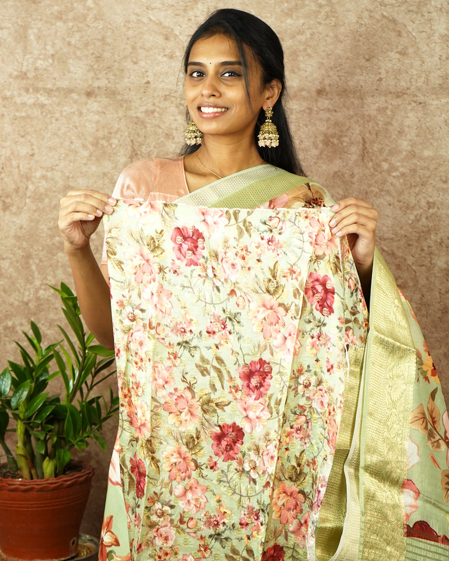 Light Green Floral Chiniya Silk - PD987