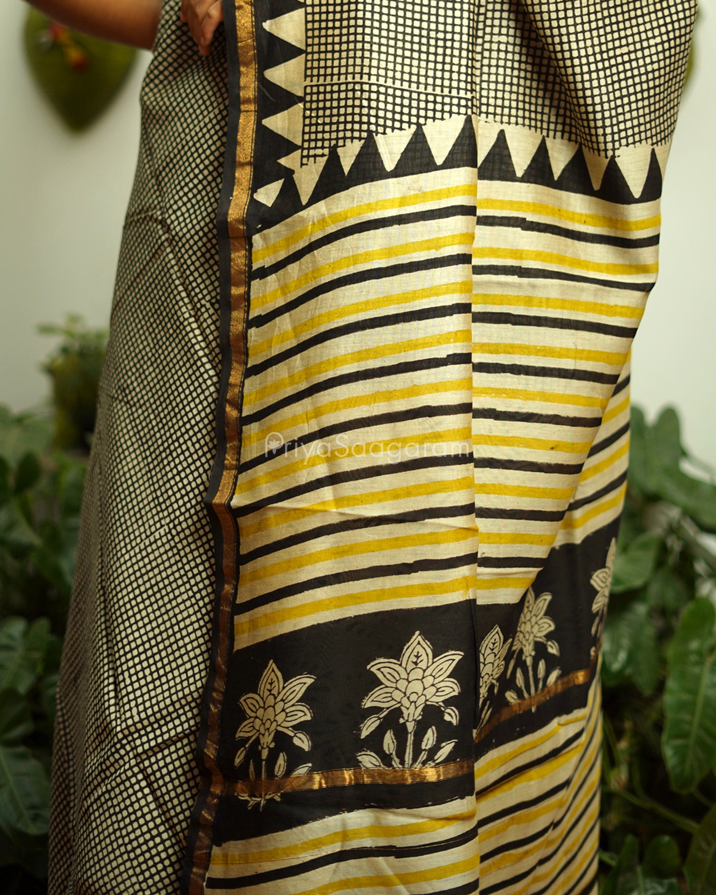 Black Checked Bagru Print Chanderi - PD370