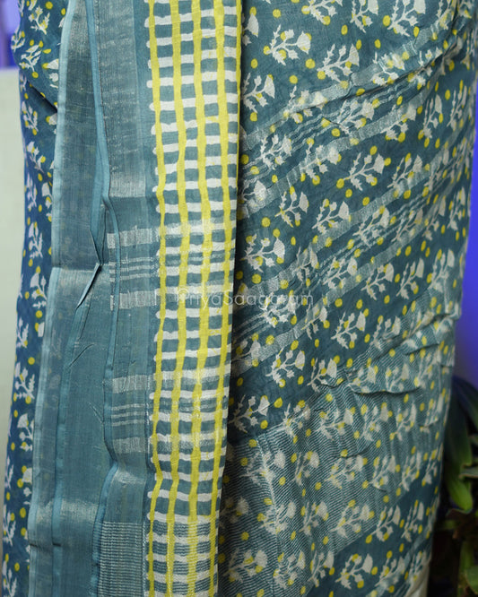 Blue Grey Floral Blockprint Linen - PD264