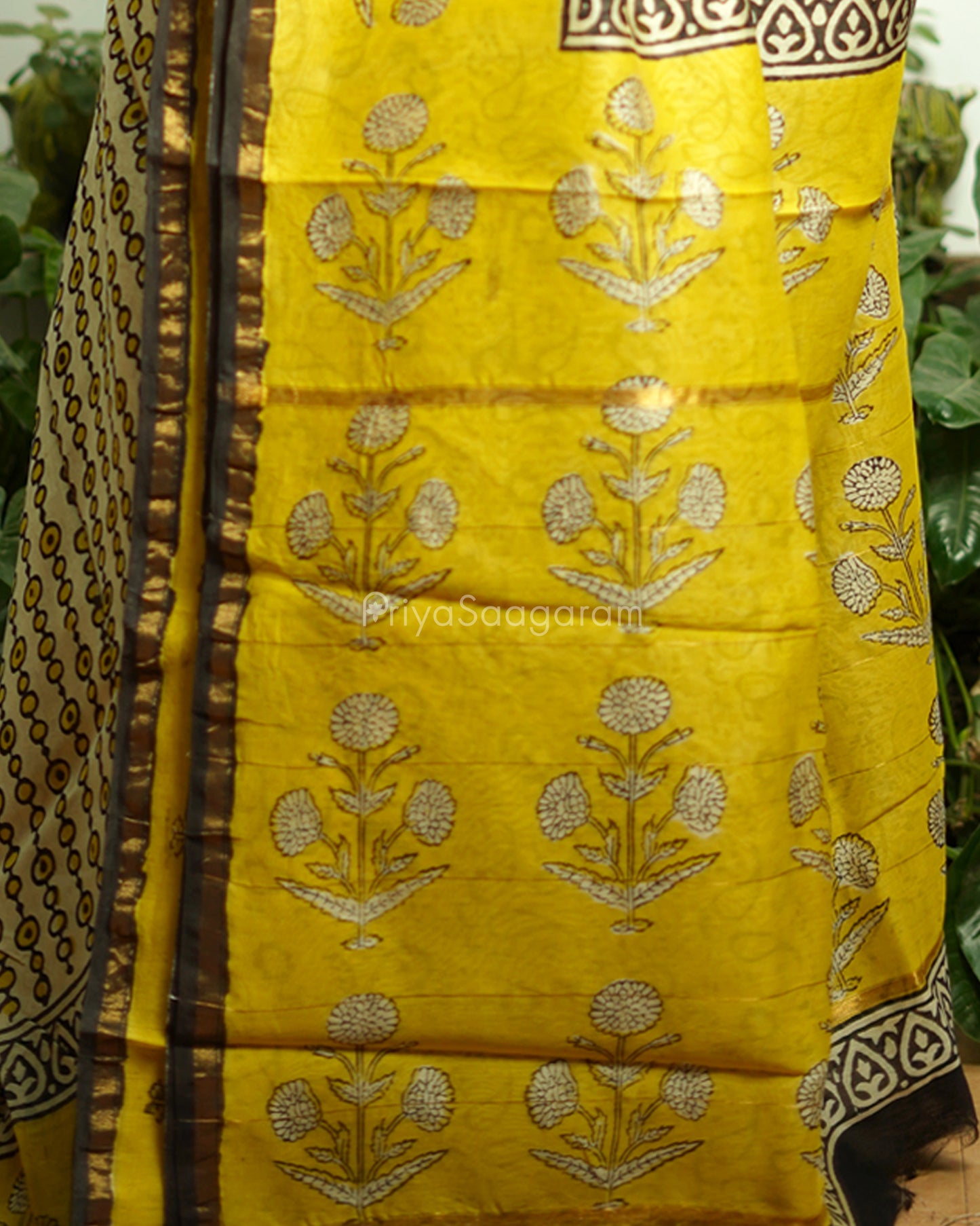 Black Yellow Bagru Print Chanderi - PD366