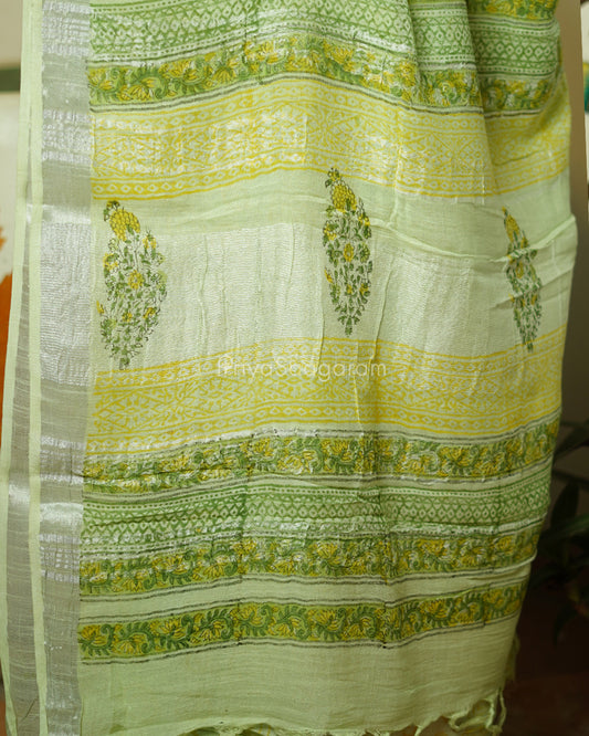 Green Floral Blockprint Linen - PC2751