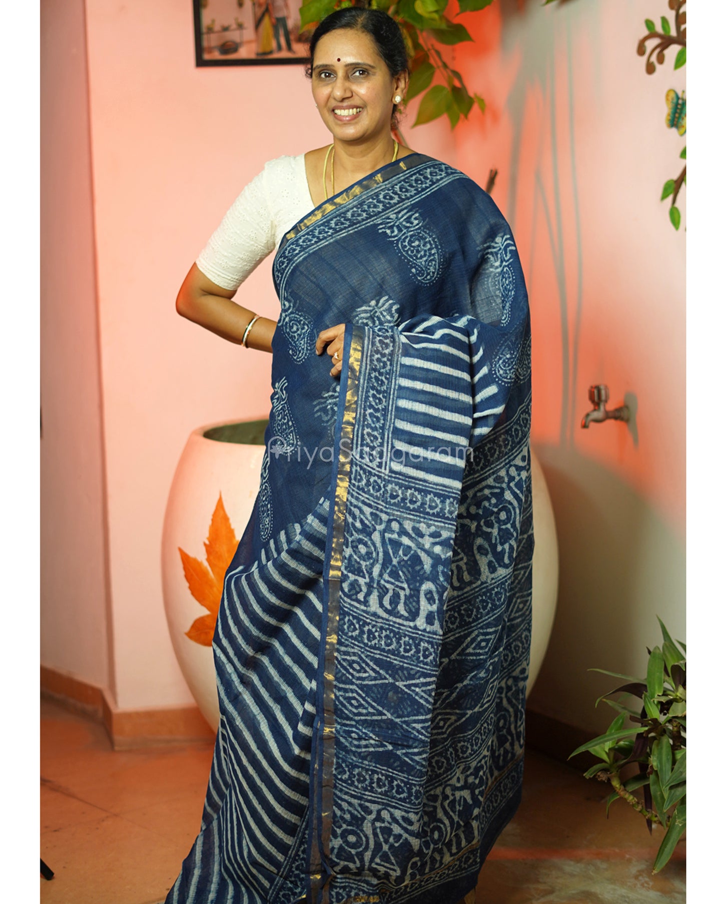 Indigo Dabu Print Kota Doria - PD315