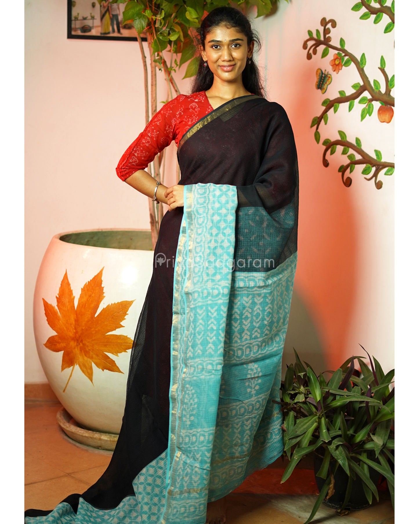 Black Blue Dabu Print Kota Doria - PD321