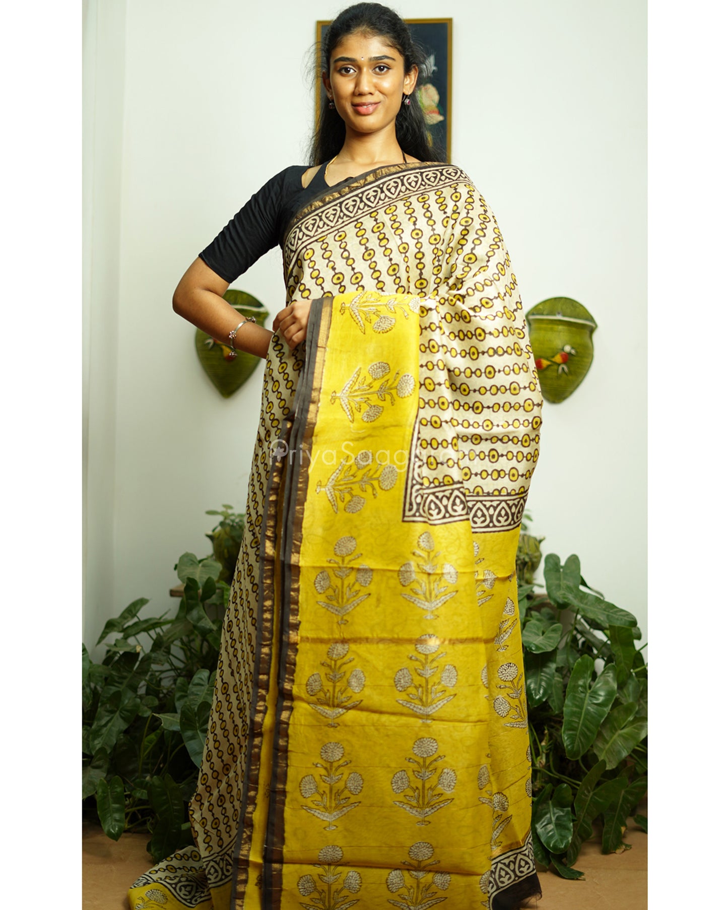 Black Yellow Bagru Print Chanderi - PD366
