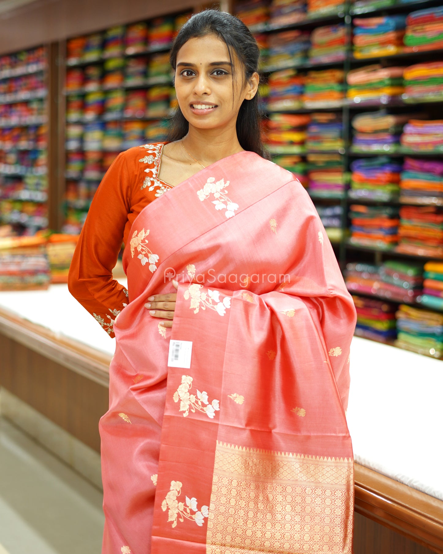 Romance Pink Satin Border Raw Mango Silk - PD724
