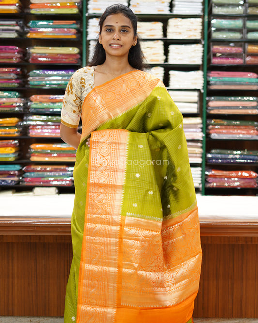 Leaf Green Orange Kanchi Banaras Silk - PD1061
