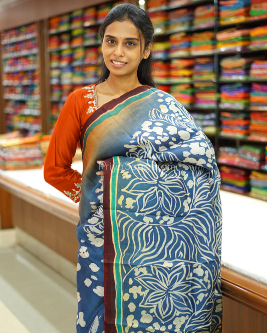 Blue Cream Handpainted Murshidabad Tussar - PD591