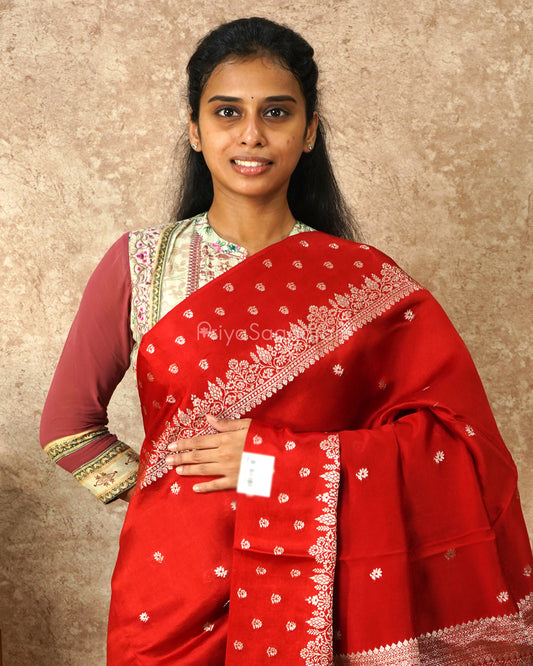 Bright Red Silver Zari Chiniya Silk - PD4556