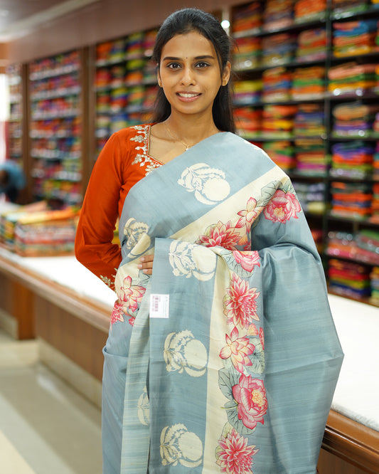 Sky Blue Floral Aari Work Tussar - PD806