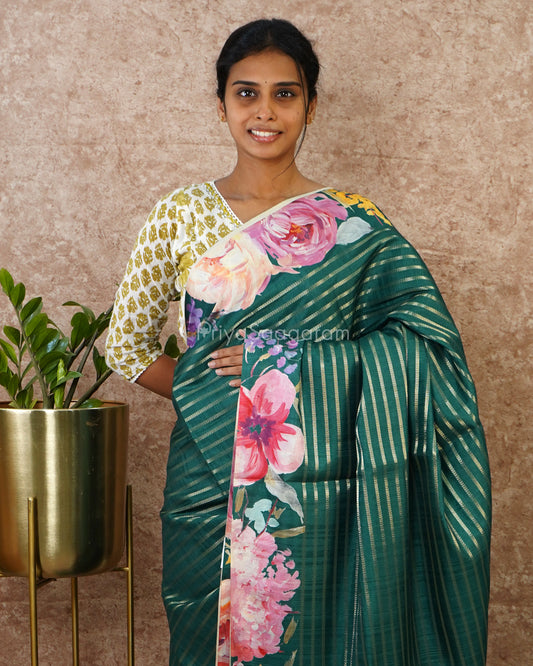 Dark Green Floral Tussar - PD1971