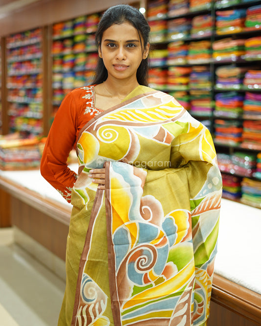 Moss Green Handpainted Murshidabad Tussar - PD586