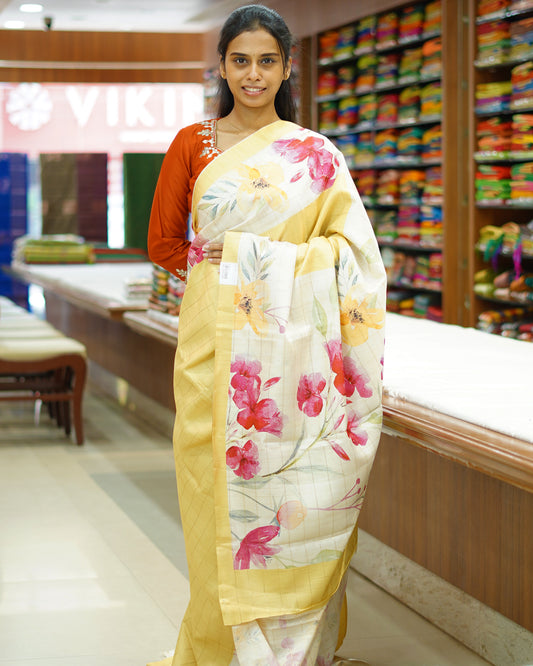 Light Yellow Floral Tussar - PD816