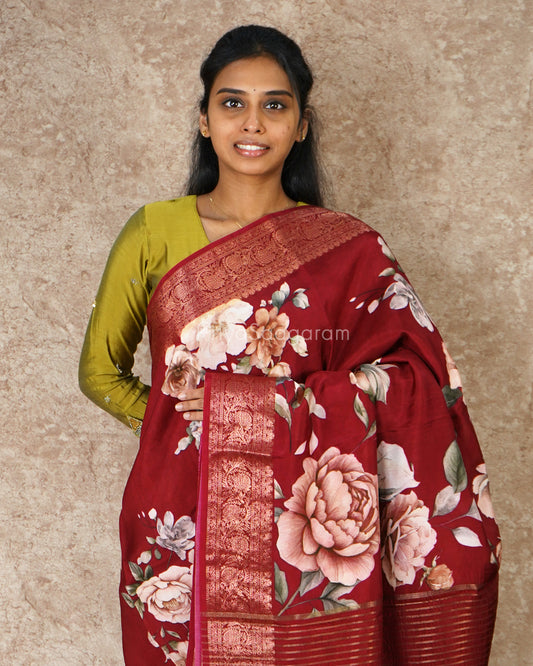 Cherry Red Floral Chiniya Silk - PD993