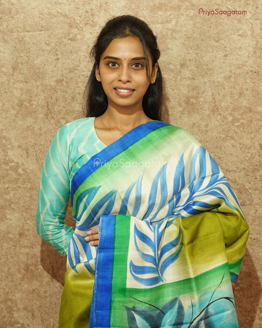 Blue Green Leaf Painted Murshidabad Tussar - PD596