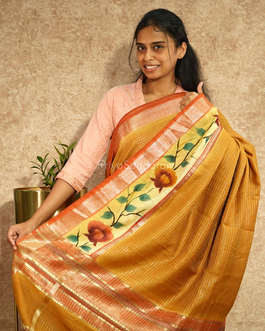 Mustard Checked Handpainted Tussar - PD630