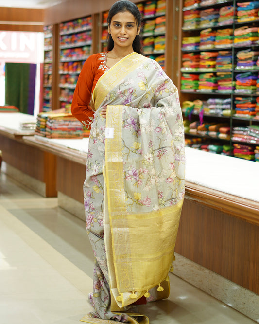 Chrome Grey Floral Silk Cotton - PD867