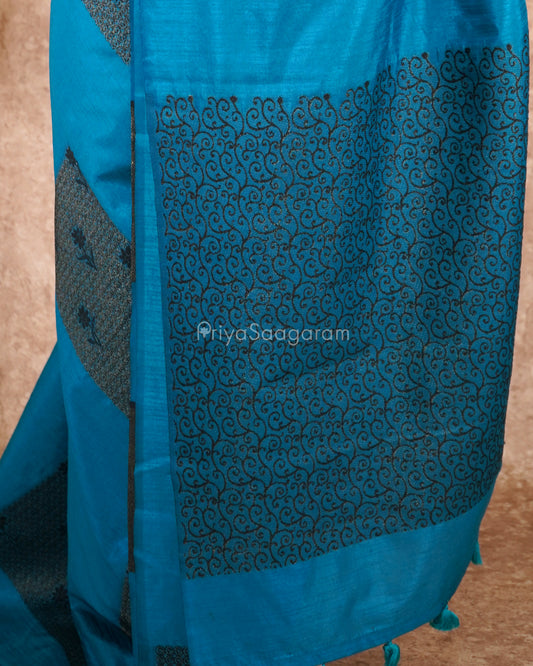 Peacock Blue Embroidery Tussar - PD5851