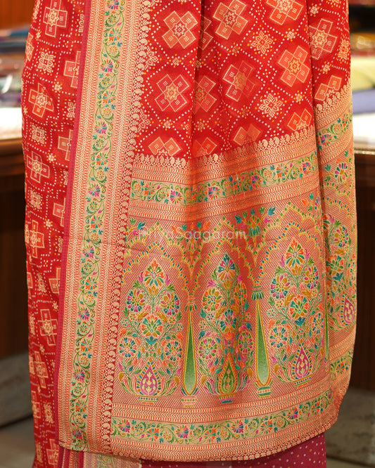 Red Minakari Bandhani Banaras Crepe Silk - PE343