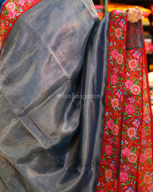Blue Embroidery Tussar Border Kora Silk - PE6456