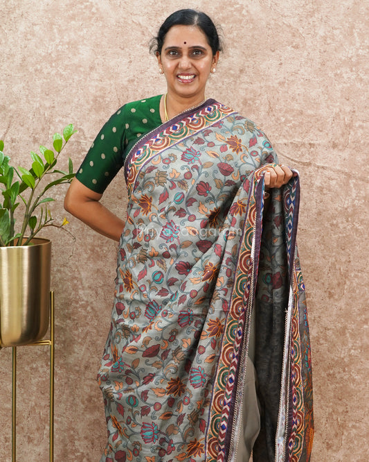 Grey Shade Kalamkari Embroidery Tussar - PD633